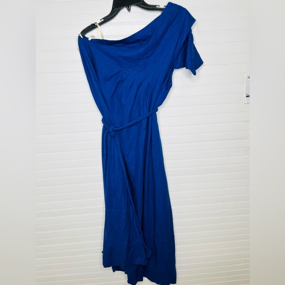 Farm Rio Women's One-Shoulder Leaf Blue Midi Maxi Lenzing Dress M Belted Waist - Picture 3 of 10